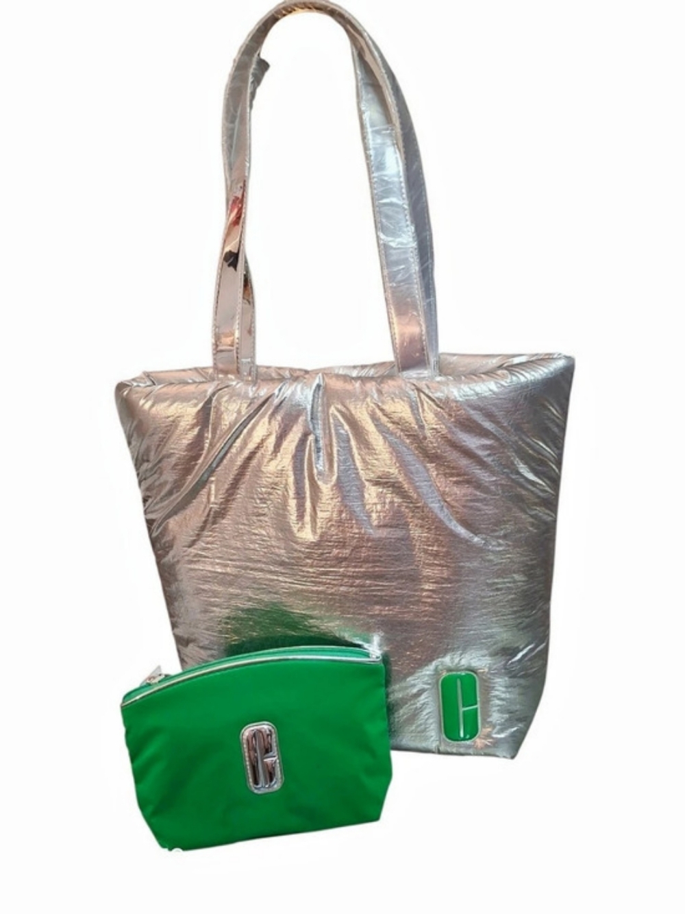 Clinique Silver Puffer Tote and Green Cosmetic Pouch Set